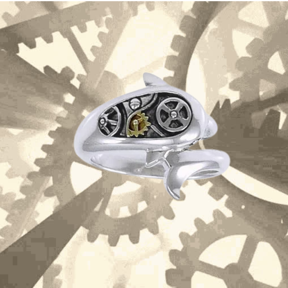 Thumbnail: Twin Dolphin Steampunk Silver and Gold Accent MBA152 ring, internal gears, gear background.