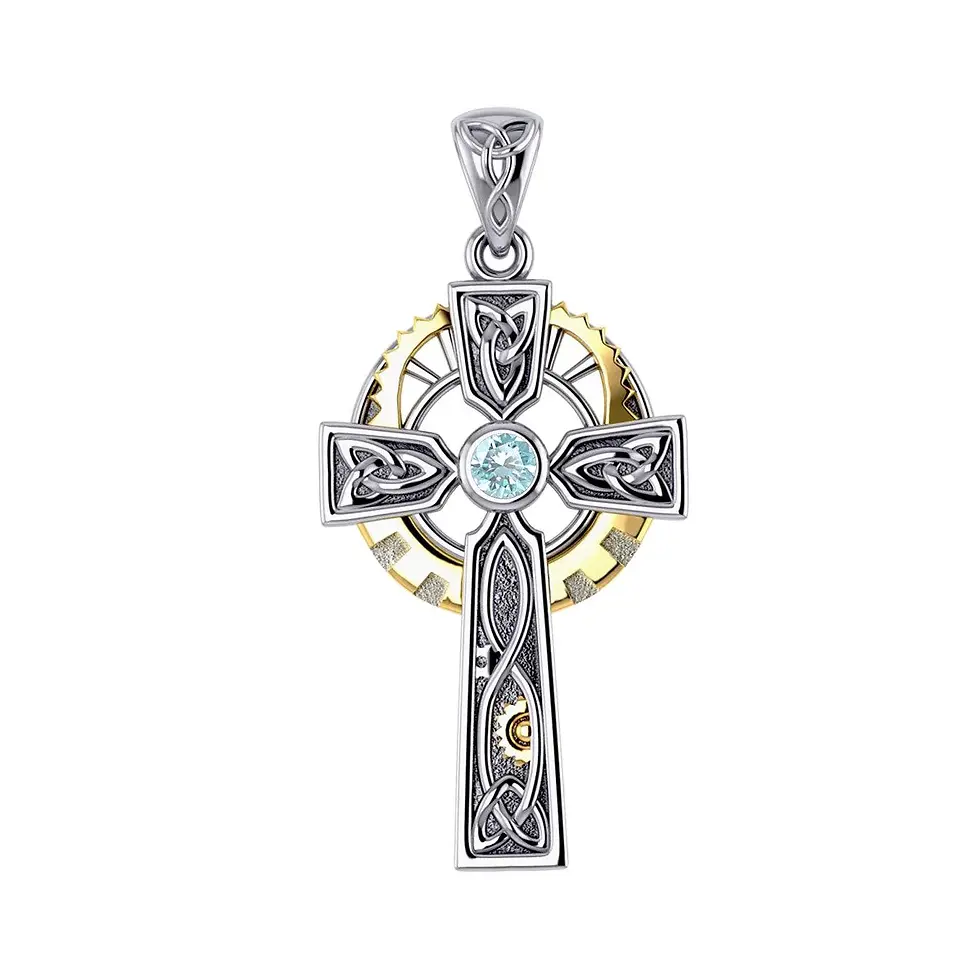 Thumbnail: Silver Celtic cross pendant with gold ring and aqua stone, intricate knotwork.