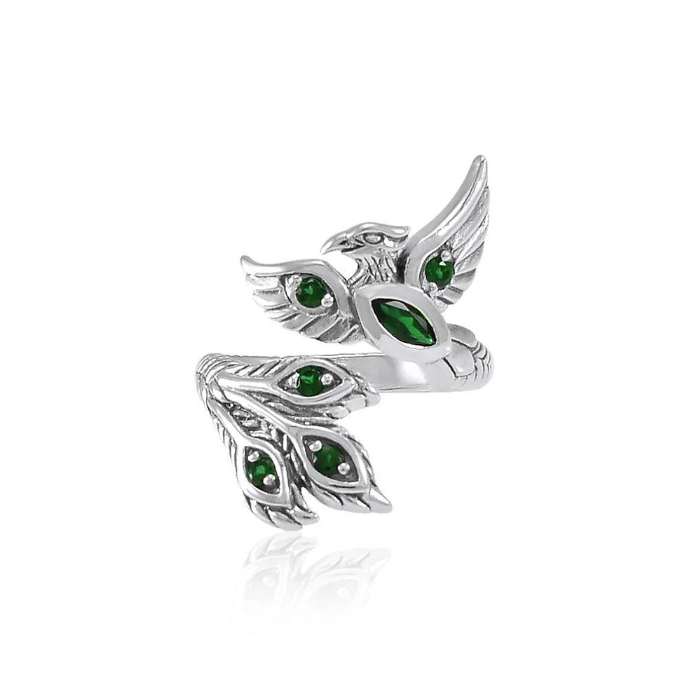 Thumbnail: Sterling silver phoenix wrap ring with intricate details, green gemstones.