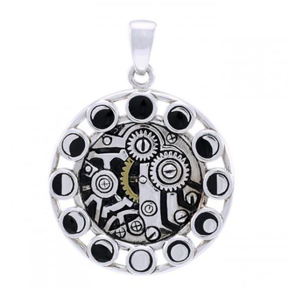Silver pendant with intricate gears and moon phases around its edge.