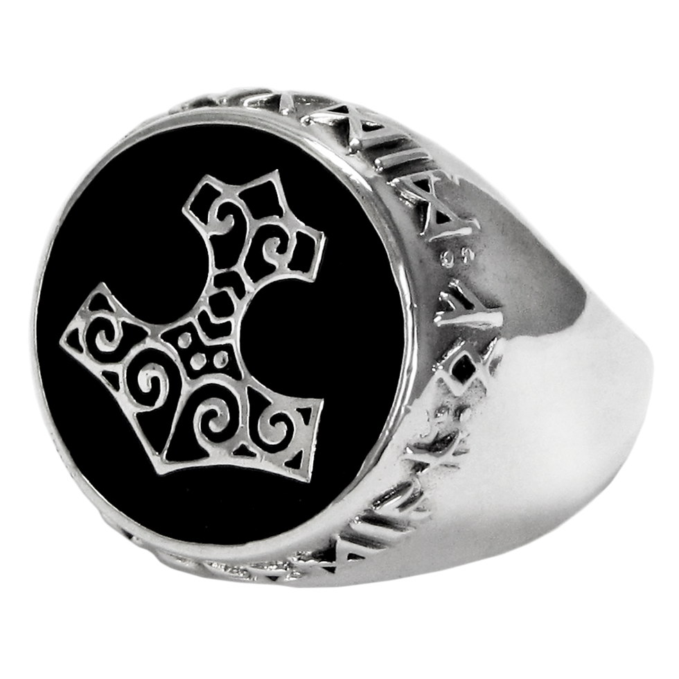 Detailed silver ring, Mjolnir symbol on black face, engraved runes.