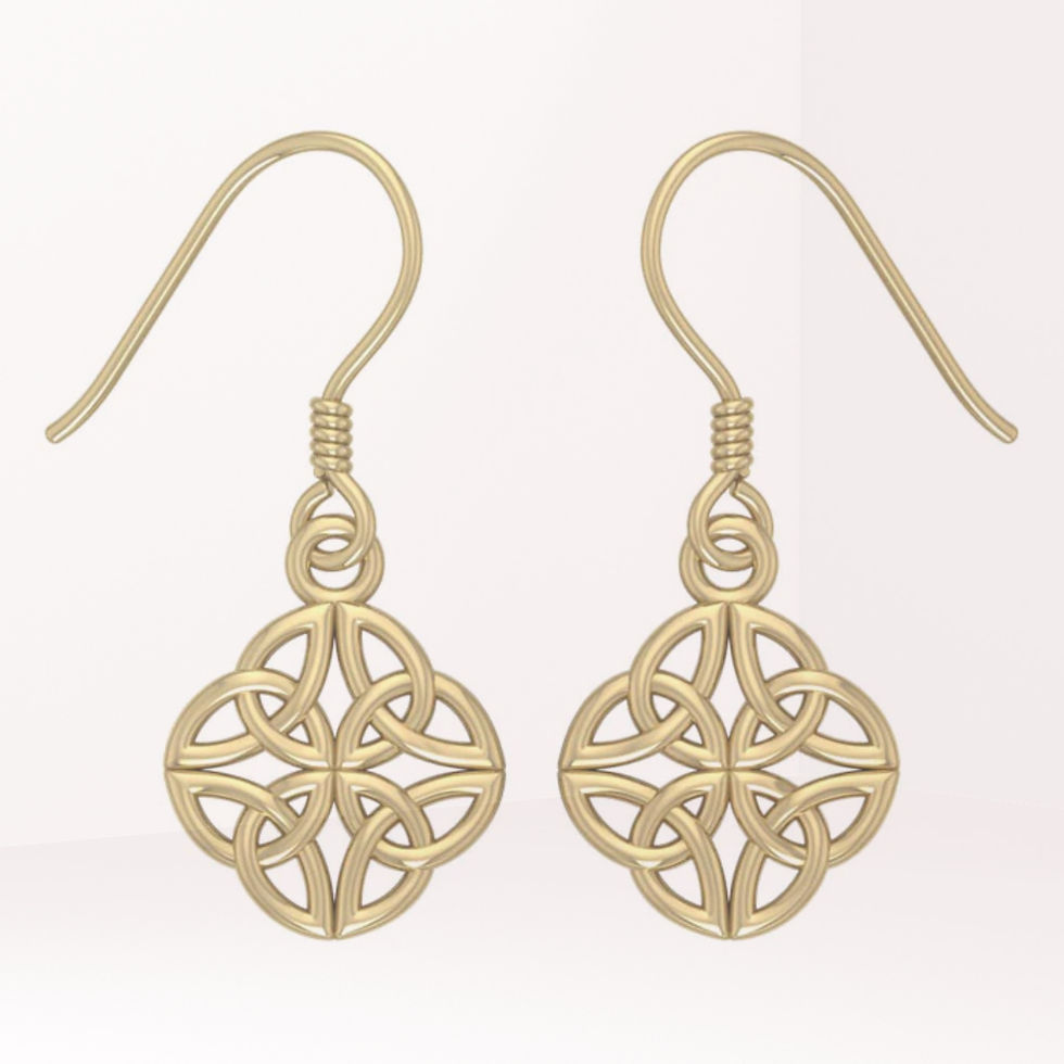 Thumbnail: Pair of elegant gold Celtic knot dangle earrings on light background.