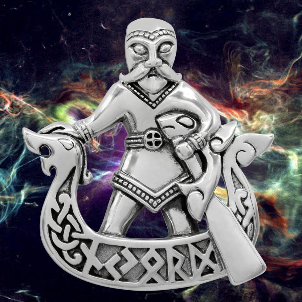 Thumbnail: Detailed silver Viking warrior pendant in longboat with SKJORDR text.