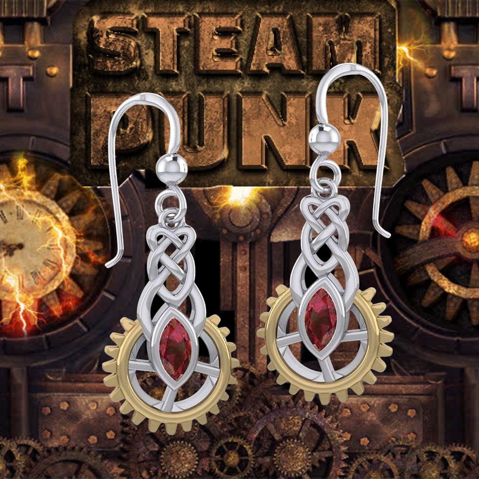 Thumbnail: Silver and gold Steampunk gear earrings with red gemstones, 'STEAMPUNK' text.