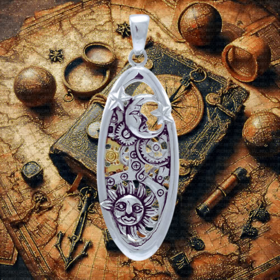 Thumbnail: Wing Steampunk Silver and Gold Accent MPD3901 featuring sun and moon gears.