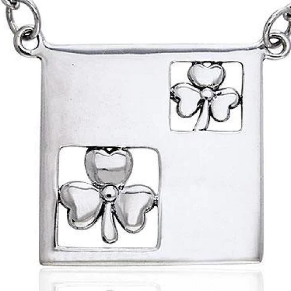 Thumbnail: Square silver pendant with two cut-out shamrock clover designs, necklace.