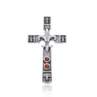 Silver cross pendant with fleur-de-lis design and two red stones.
