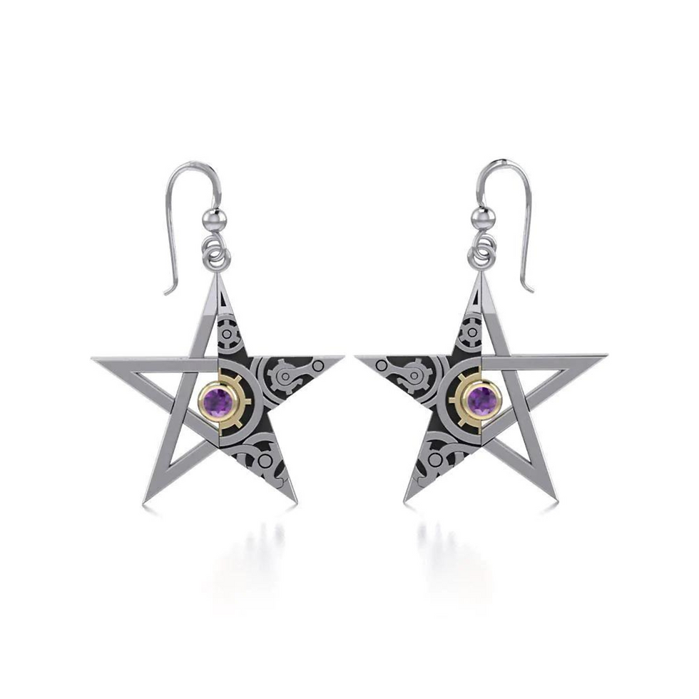 Thumbnail: Pair of silver pentagram earrings with gold accents and purple stones.