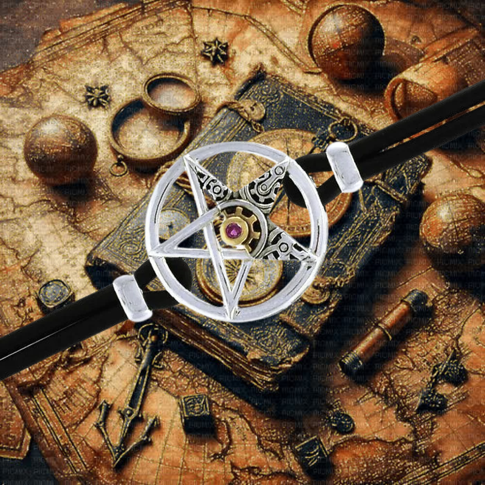 Thumbnail: Silver pentagram pendant with gear accent on vintage map, antique Steampunk background.