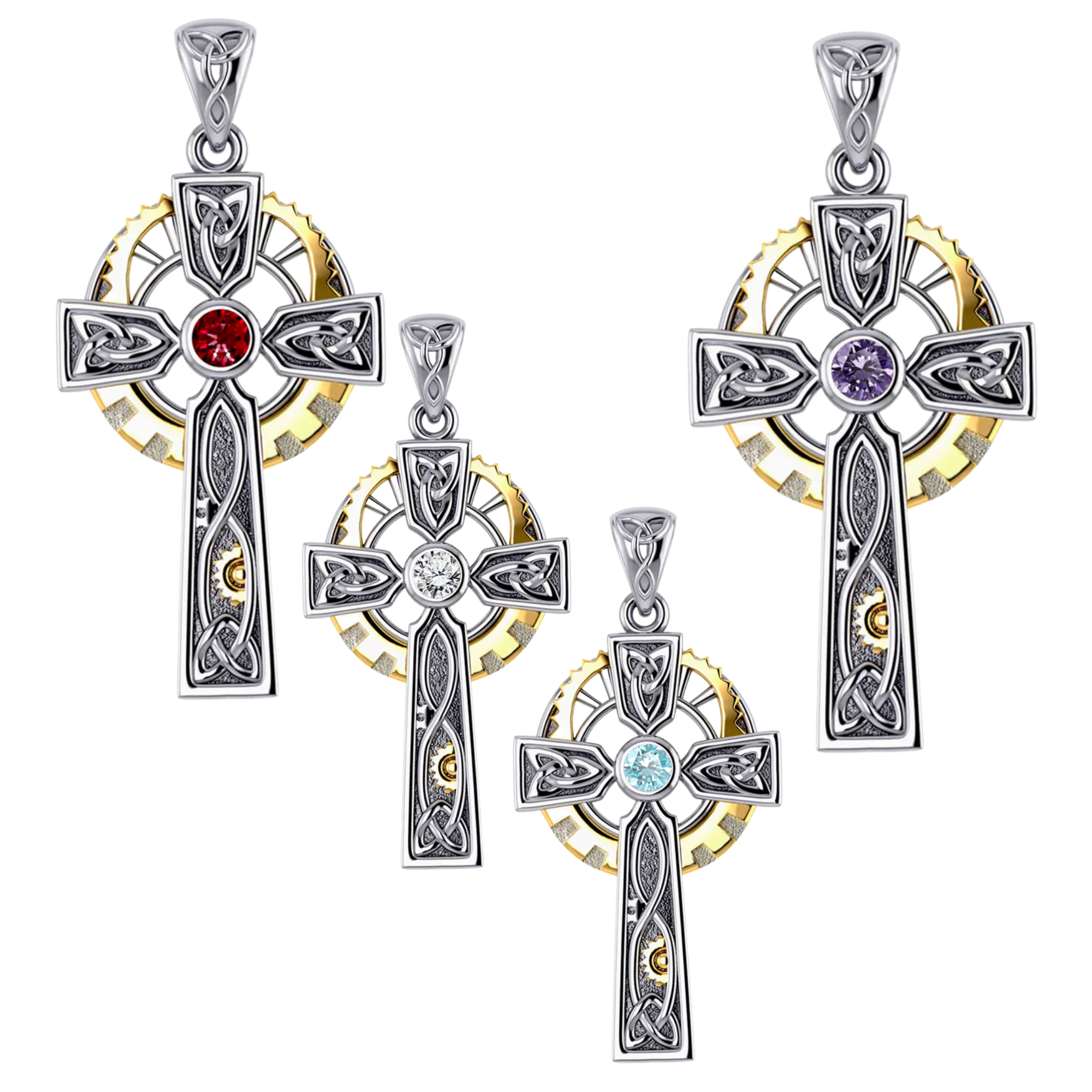 Four silver Celtic cross pendants with gold accents and colorful gemstones.
