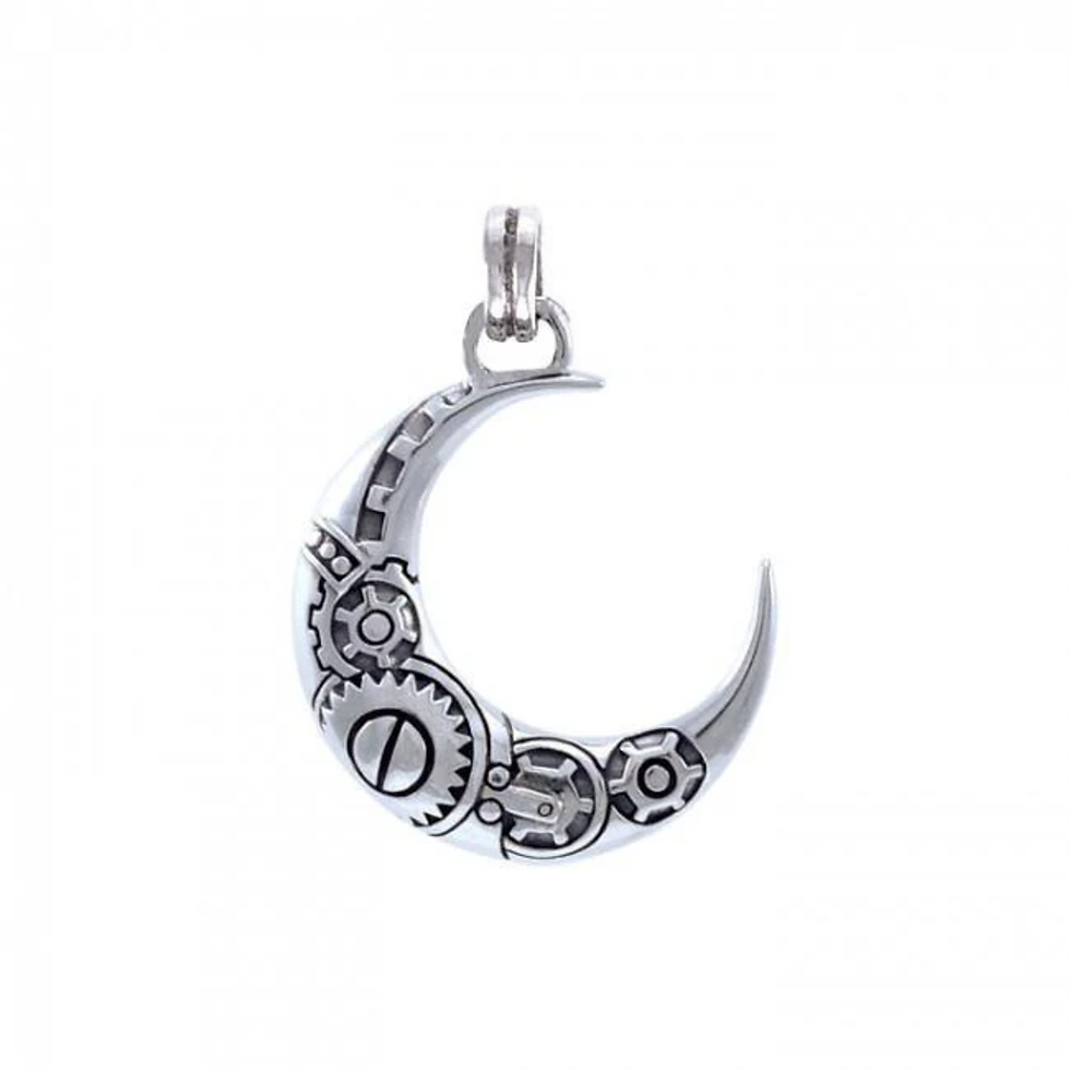 Silver crescent moon pendant with intricate steampunk gears design.
