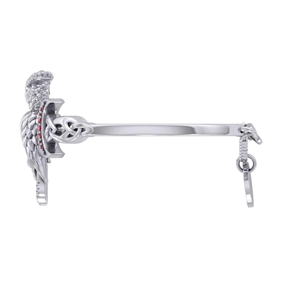 Thumbnail: Great Horned Owl with Crescent Moon and Celtic Heart Silver Cuff Bracelet TBA290