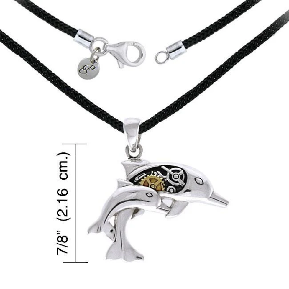 Thumbnail: Sterling silver steampunk dolphin pendant necklace, 7/8" (2.16 cm.).