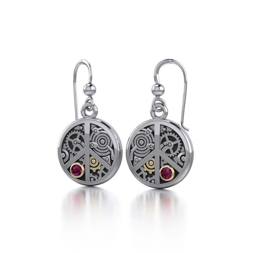 Pair of earrings Peace Sign Steampunk Silver and Gold Accent MER1373 with red gemstone.