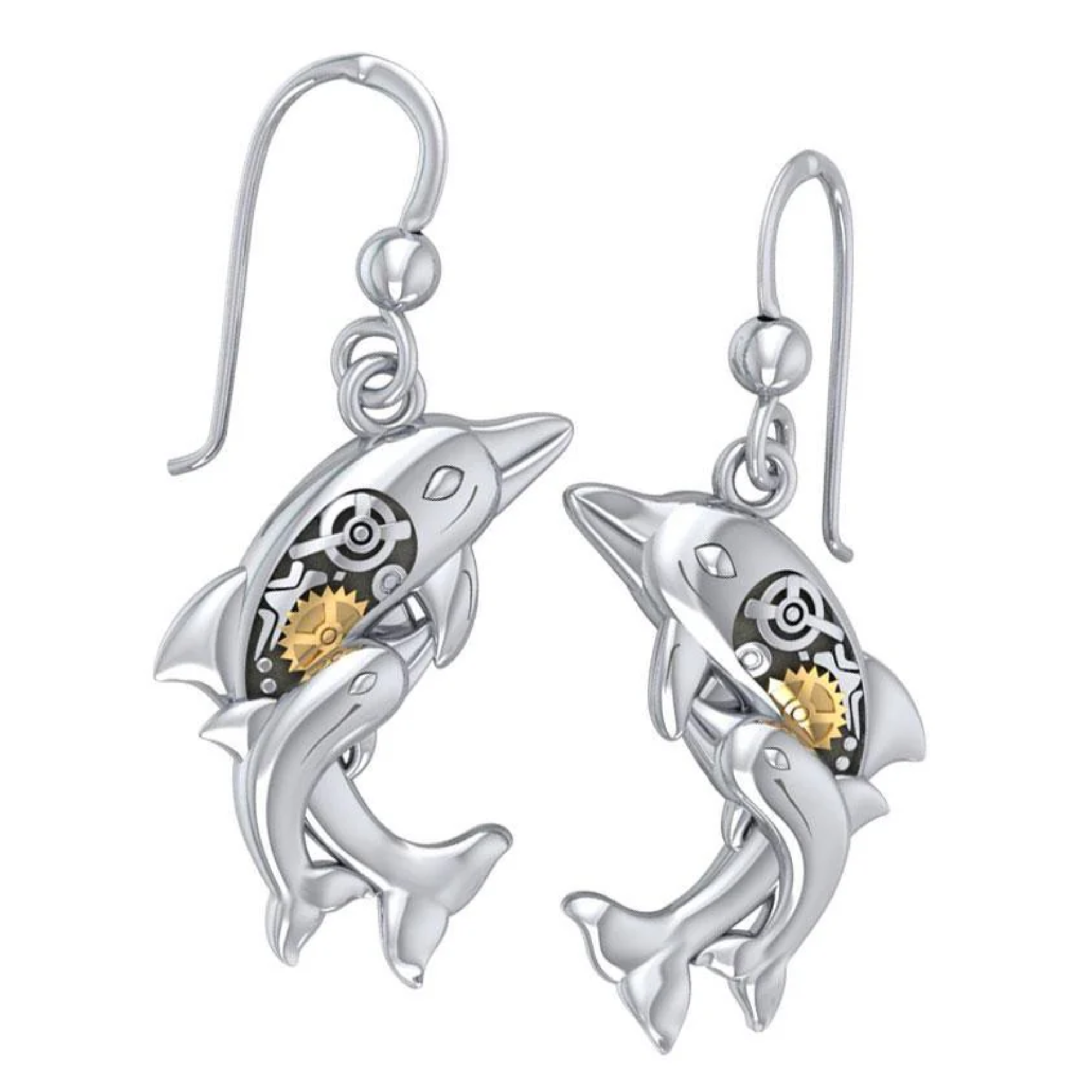 Pair of silver dolphin earrings with gold steampunk gears inside.