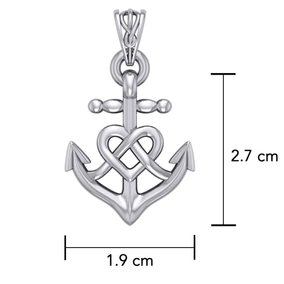 Thumbnail: Silver anchor pendant with heart knot, showing 2.7 cm, 1.9 cm dimensions