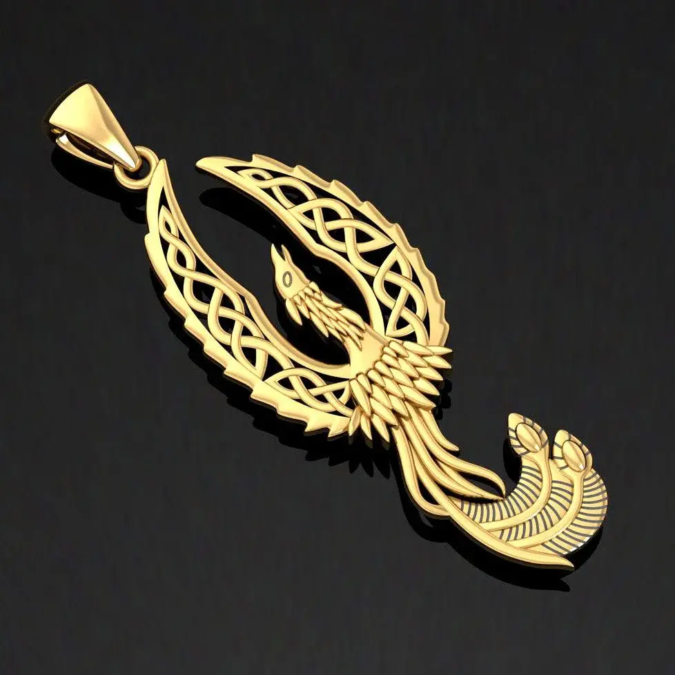Thumbnail: Gold phoenix pendant with intricate Celtic knotwork design on black background.
