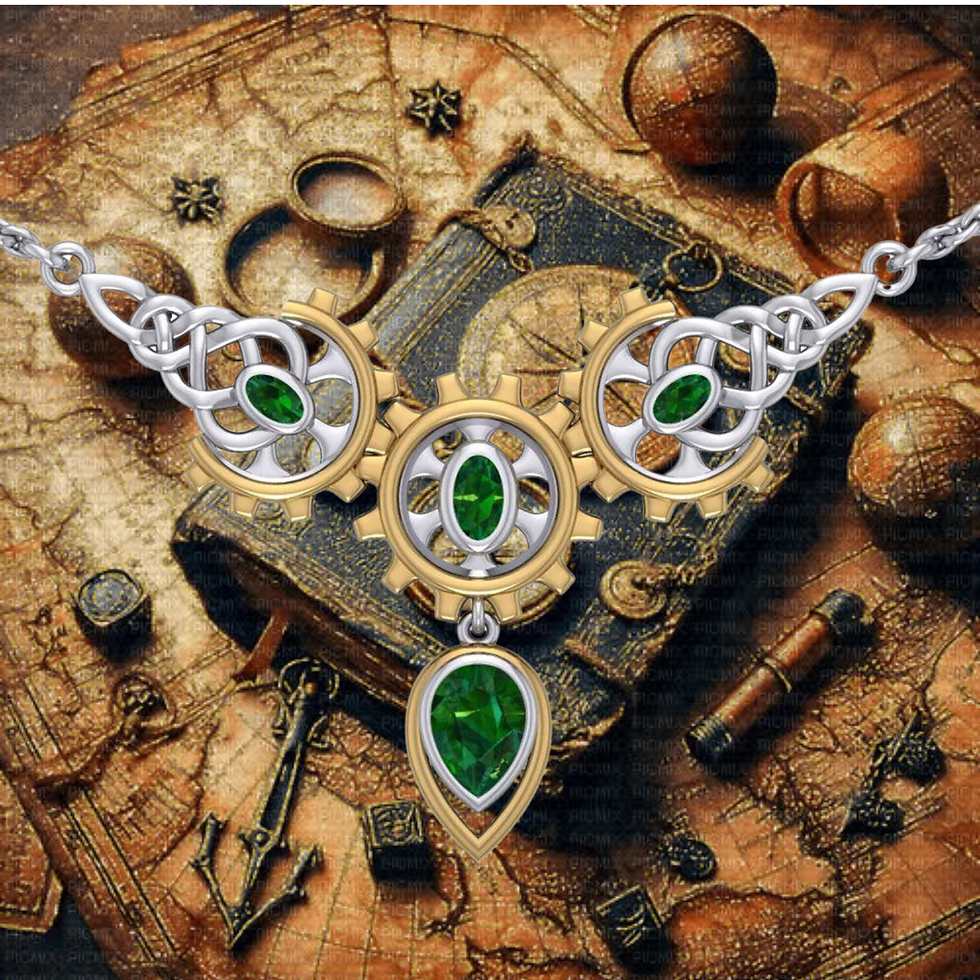 Thumbnail: Steampunk gear necklace with green gems on an old map background.
