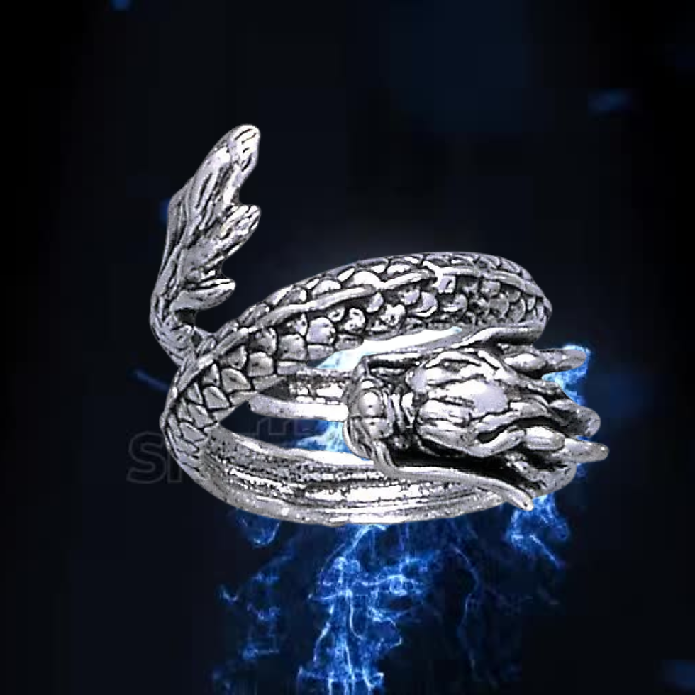 Thumbnail: Ornate silver coiled dragon ring on a dark background with blue light.