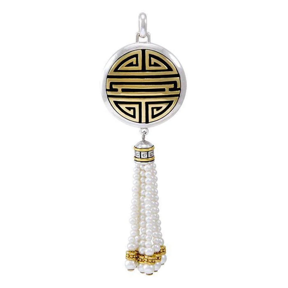 Thumbnail: Elegant silver pendant featuring gold Chinese longevity symbol and pearl tassel.