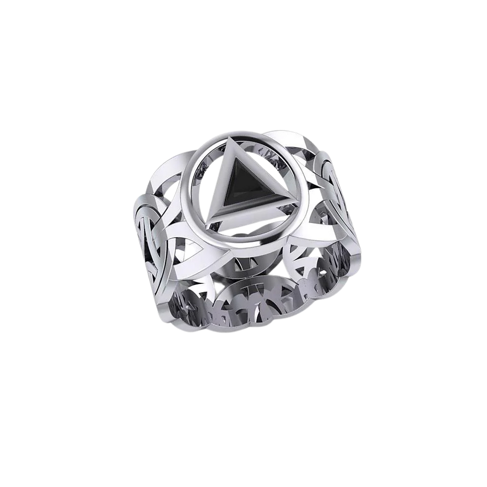 Intricate sterling silver ring featuring an openwork band and prominent triangle.