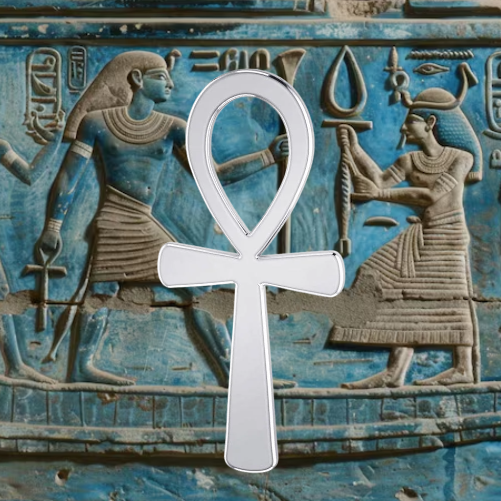 Thumbnail: Silver Ankh symbol against ancient Egyptian blue wall carvings.