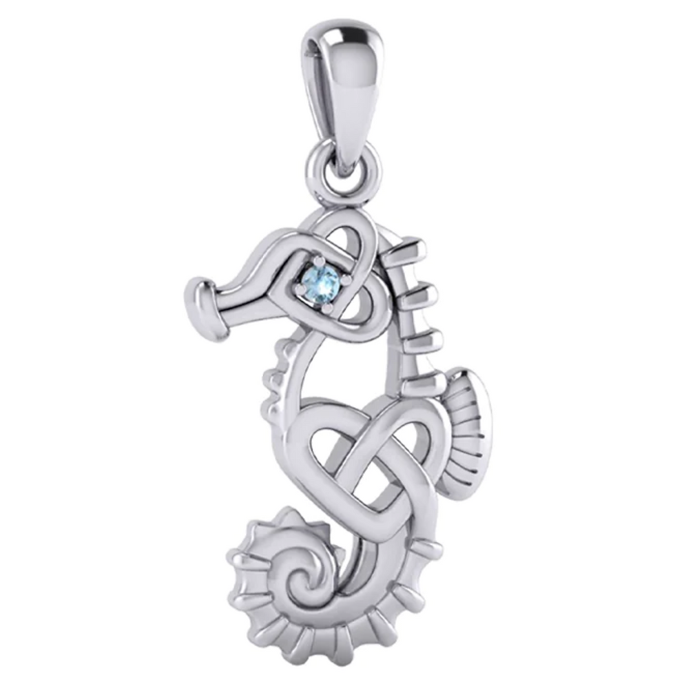 Silver seahorse pendant featuring Celtic knot design and a blue gemstone eye.