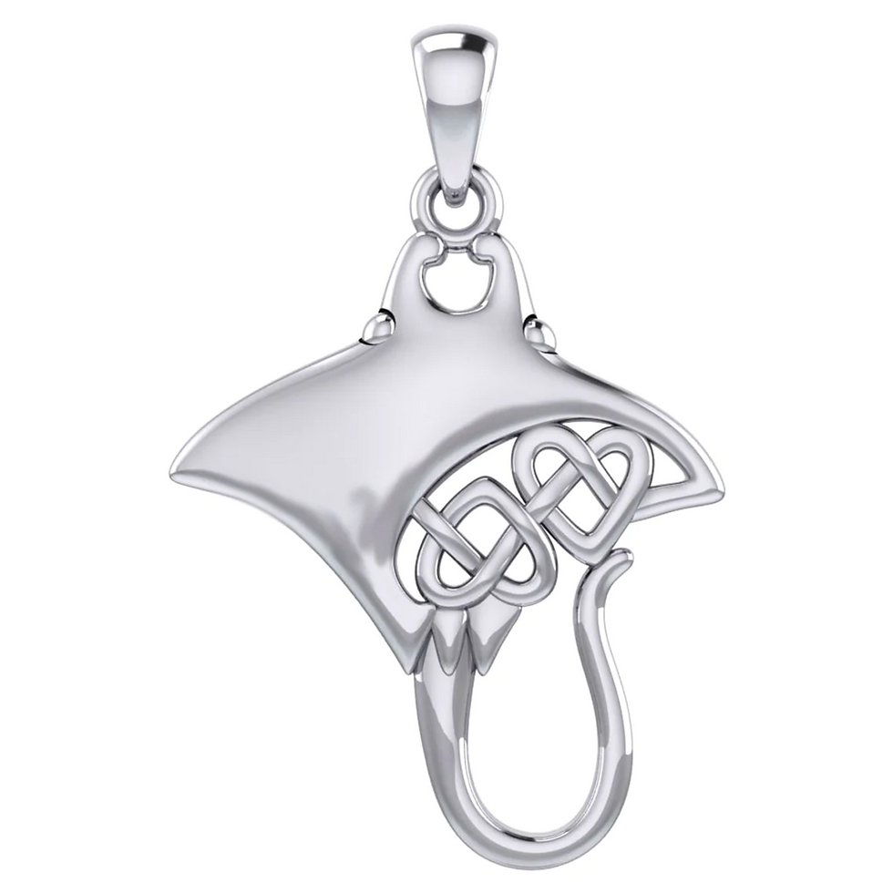 Silver manta ray pendant with intricate Celtic heart knot.