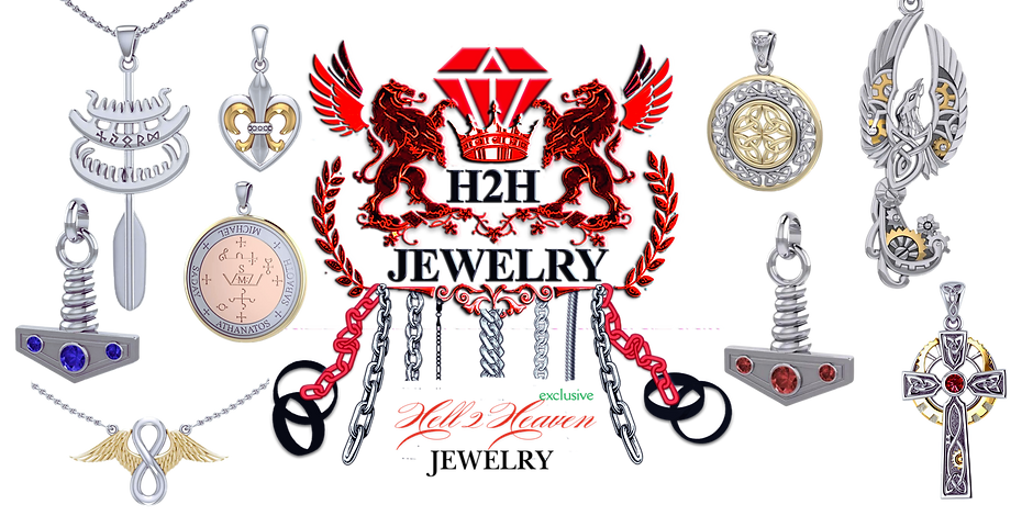 Red H2H JEWELRY logo with lions, crown, chains. Silver & Gold.