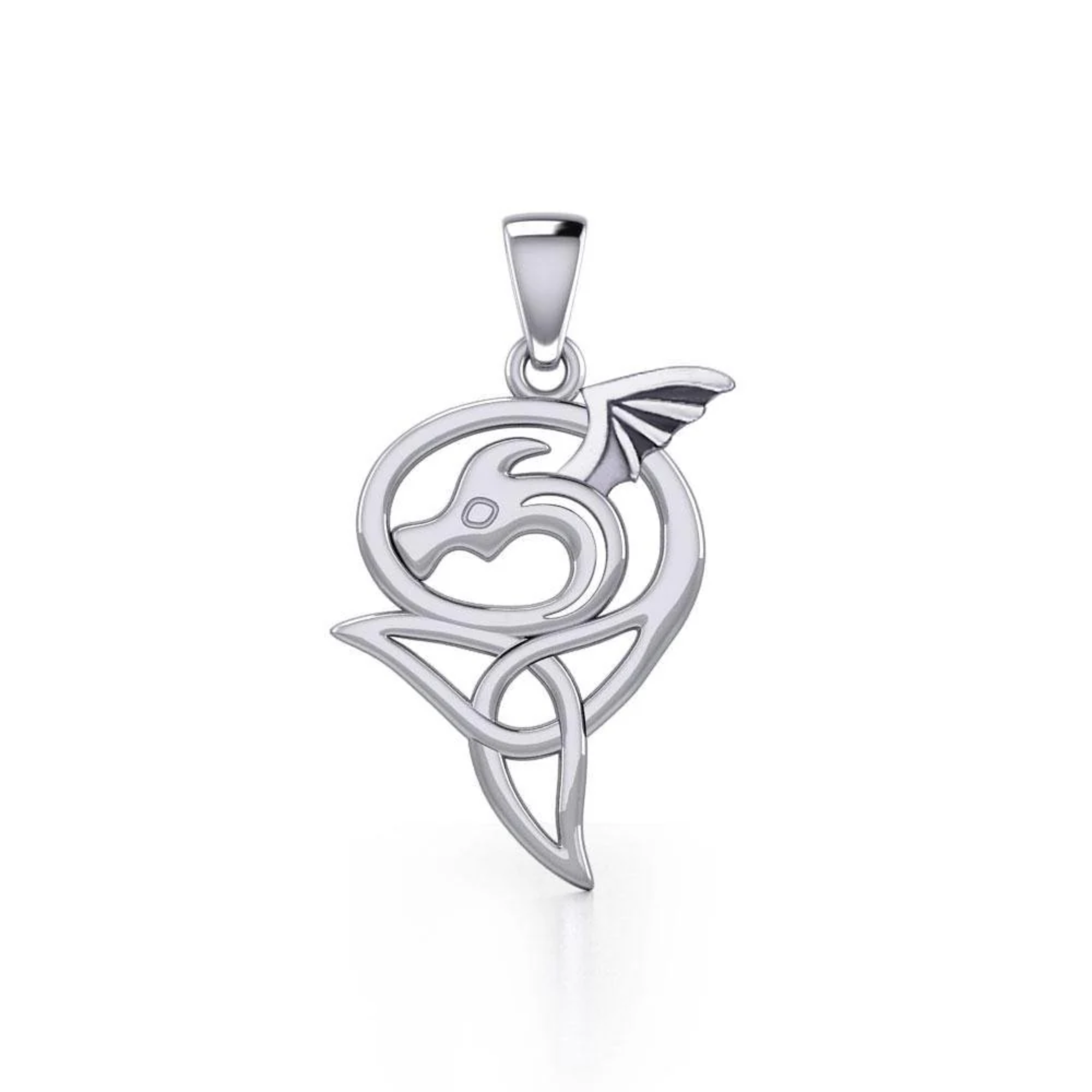 Polished silver dragon pendant intricately formed with a Celtic triquetra knot.