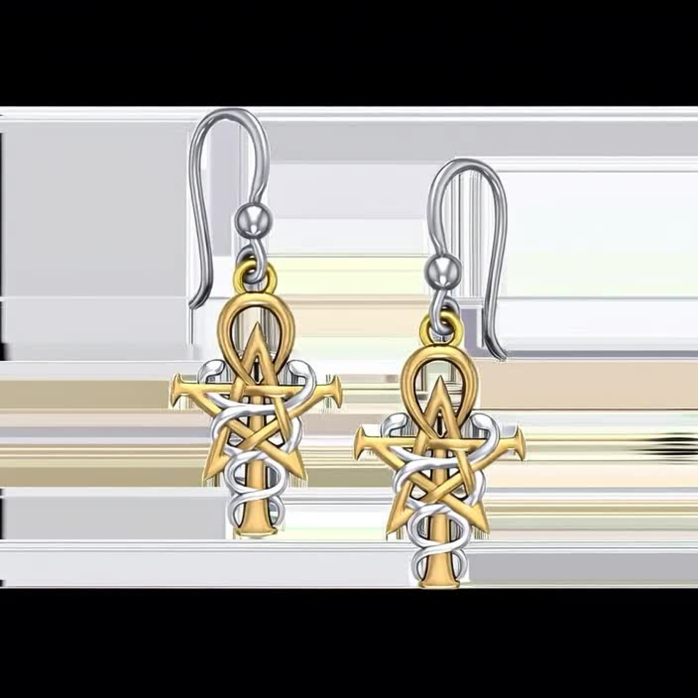 Thumbnail: Pair of intricate silver and gold Ankh pentagram symbol earrings.