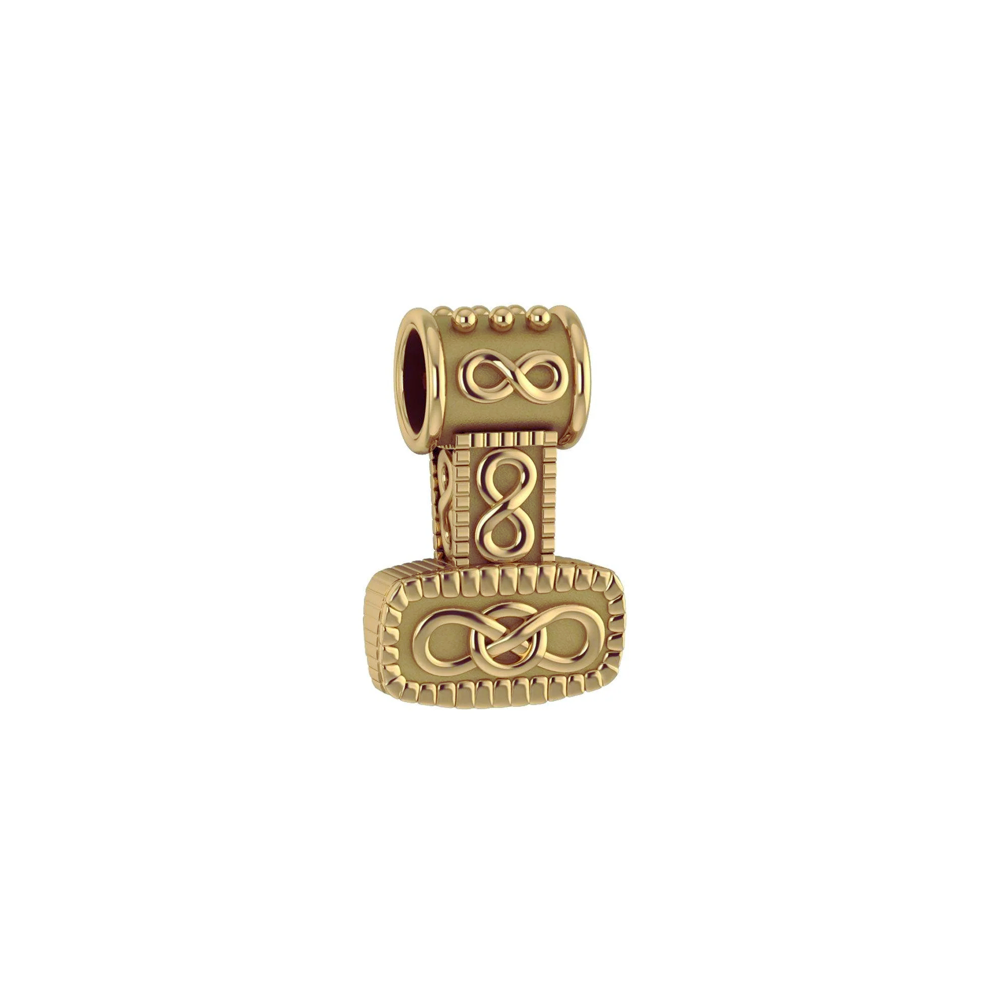 Gold Mjolnir hammer pendant with infinity knotwork design.