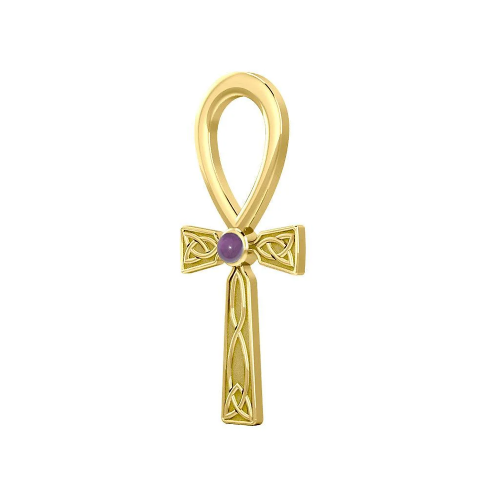 Gold Ankh pendant with purple gem and intricate Celtic knot details.