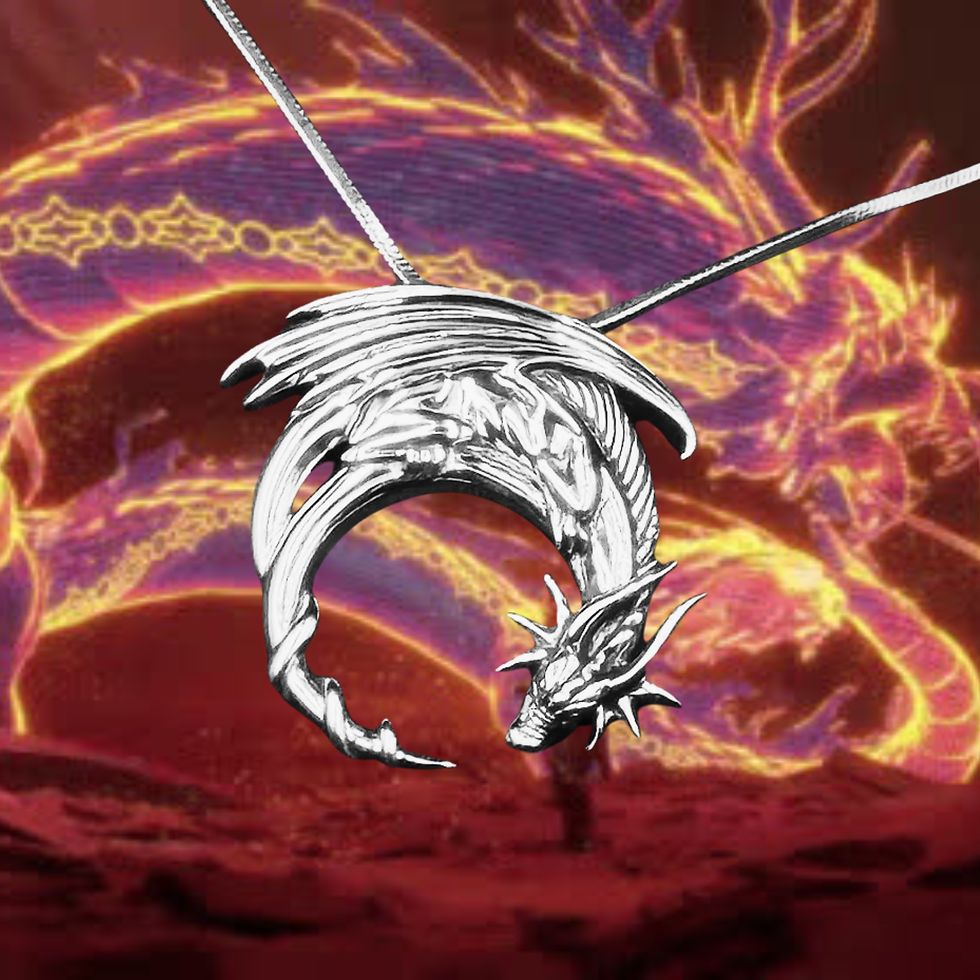 Thumbnail: Sterling silver Sea Dragon pendant against a fiery dragon illustration.