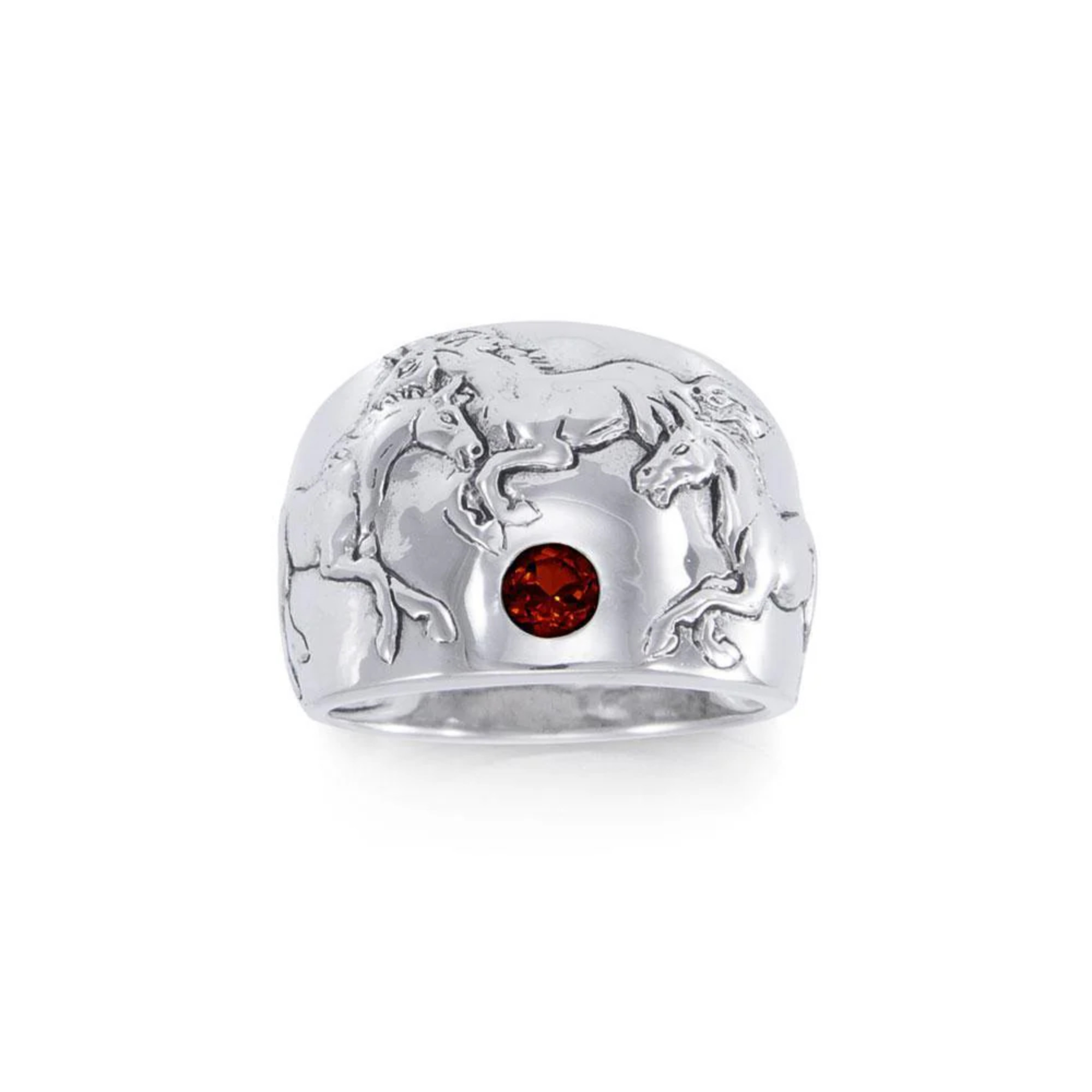Silver ring with sculpted horses and a central red gemstone.