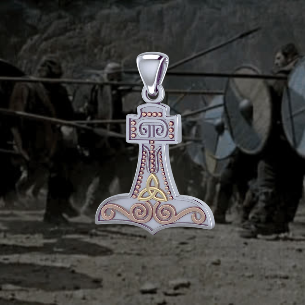 Thumbnail: Detailed silver Thor's hammer pendant with Celtic knot against warriors.