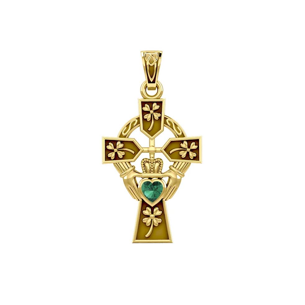 Gold Celtic cross pendant, emerald gemstone Claddagh heart, shamrock details.