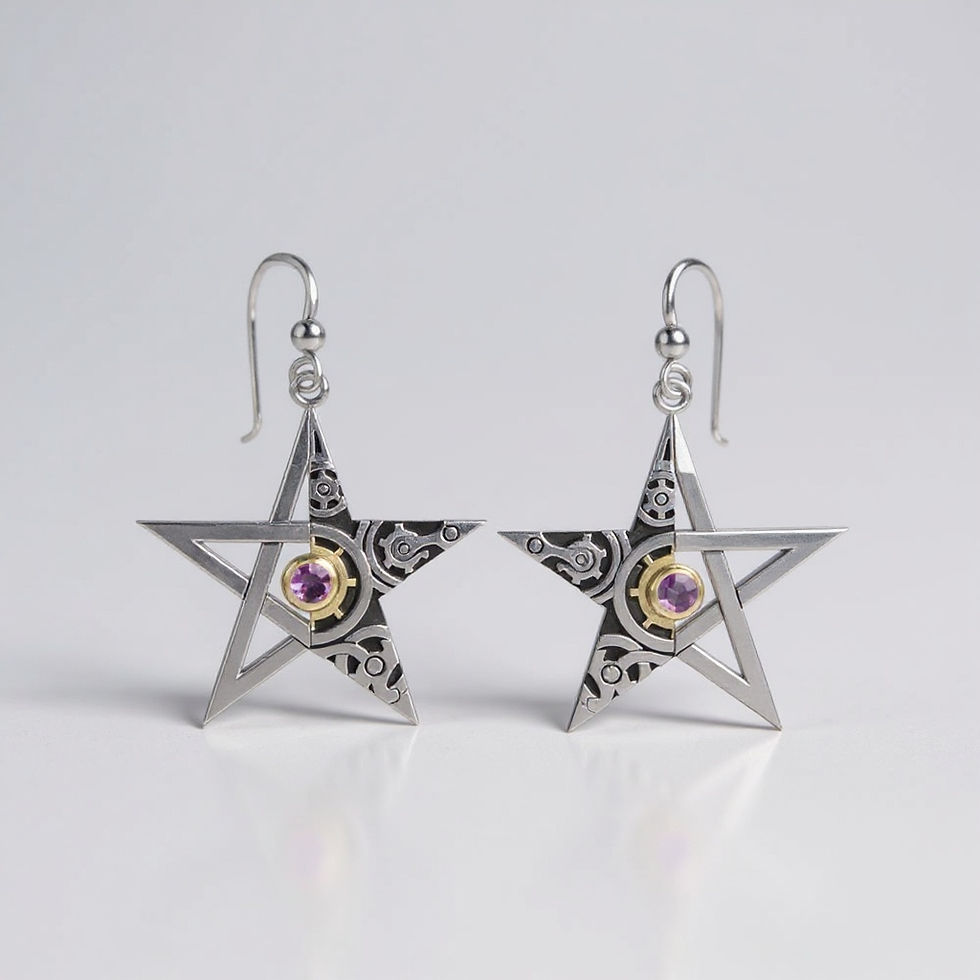 Thumbnail: Pair of silver pentagram earrings with gold and purple gemstone accents.