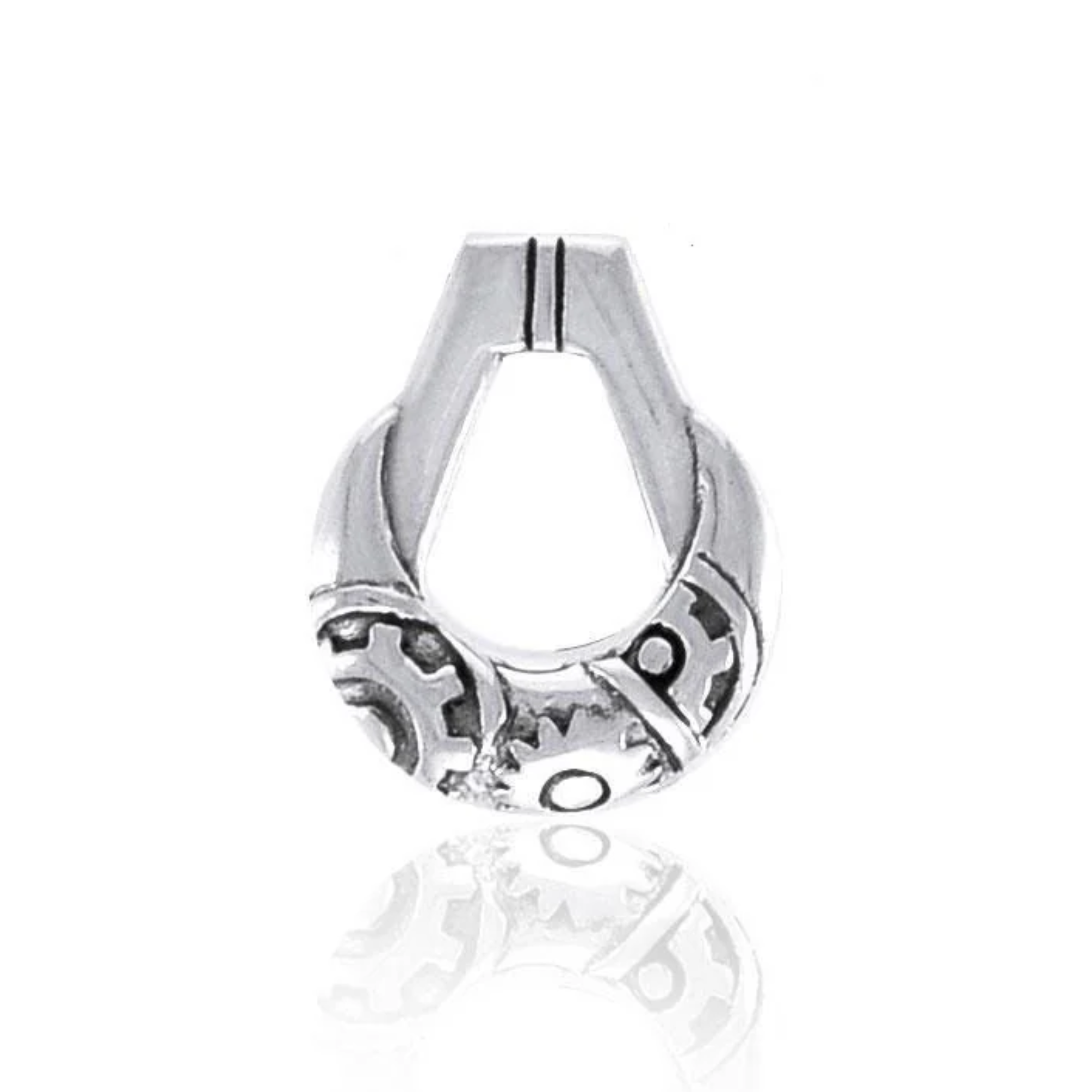 Sterling silver pendant with intricate steampunk gears and mechanical design.