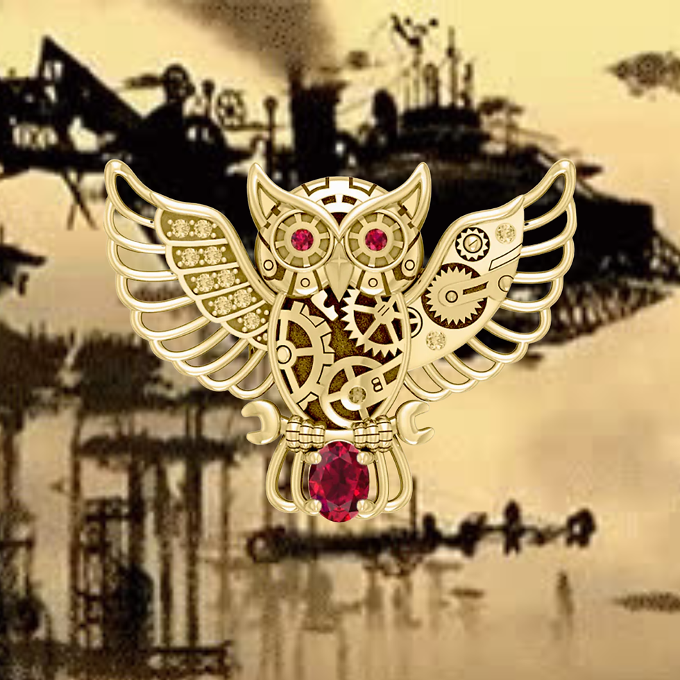Thumbnail: Detailed gold steampunk owl with ruby eyes and gears against machinery.