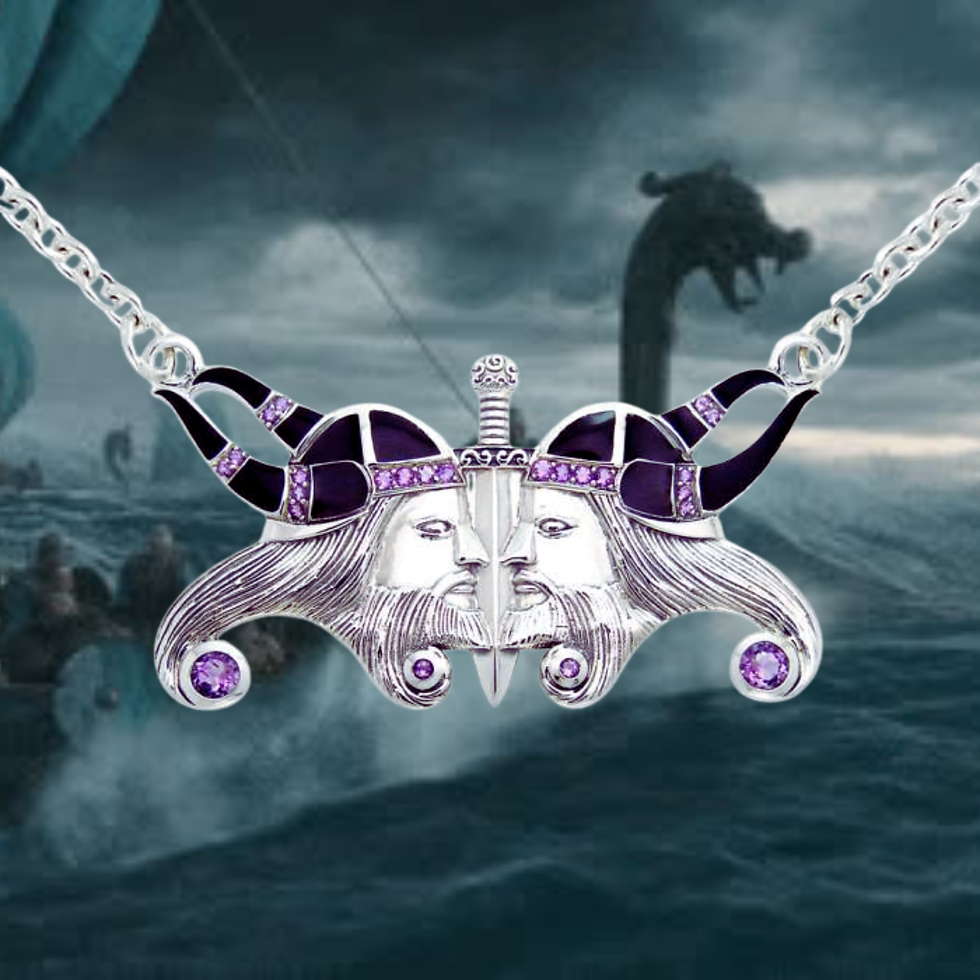 Thumbnail: Silver Viking warrior pendant, purple accents, sword, stormy longship background.