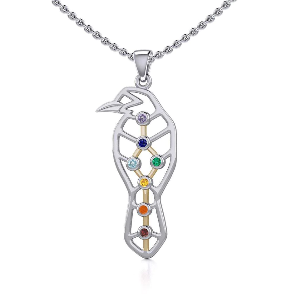Thumbnail: Geometric Raven Silver and 14K Gold Accent Pendant with Chakra Gemstone MPD5277.