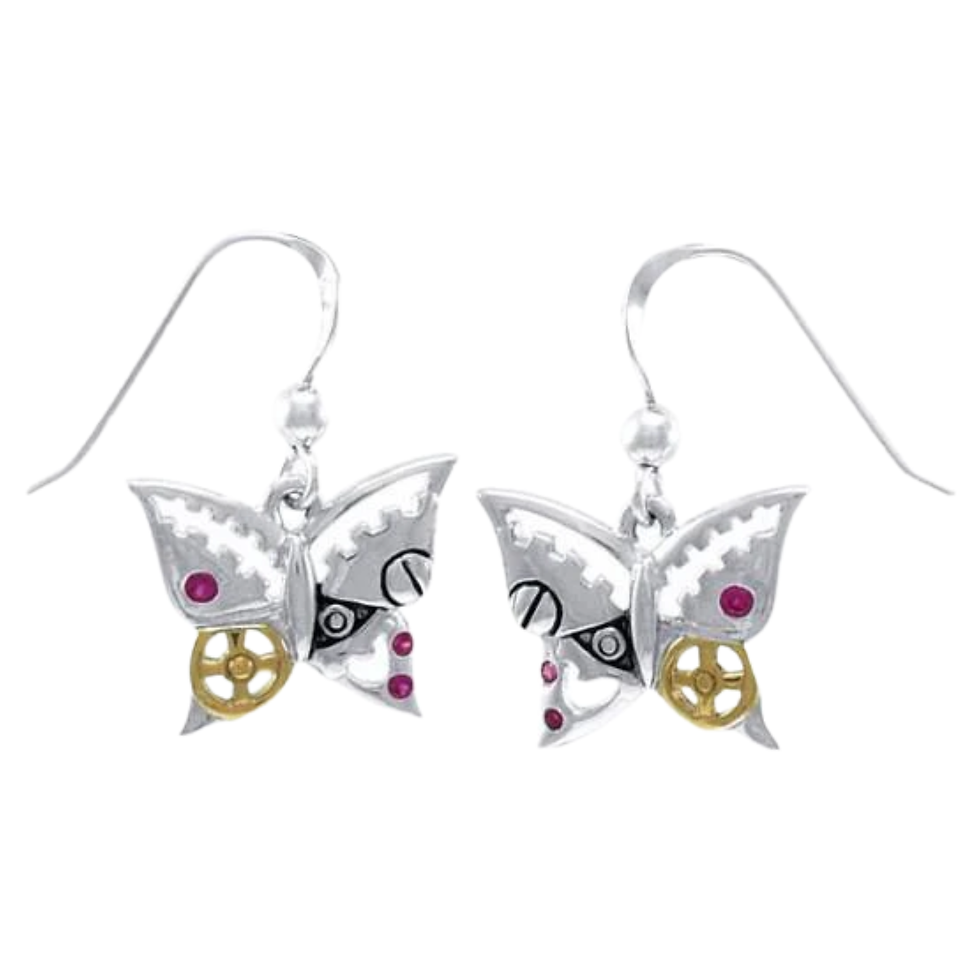 Pair of silver steampunk butterfly earrings with gold gears and red accents.