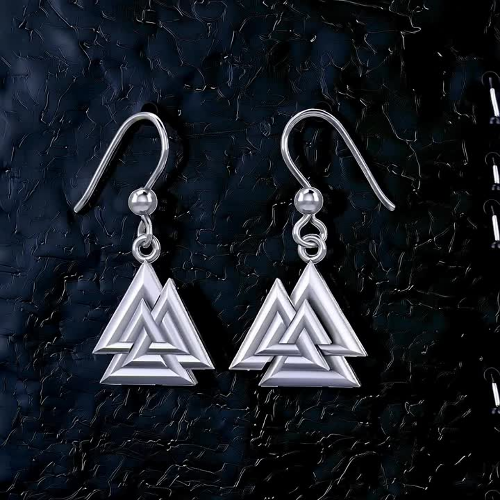 Thumbnail: Silver Valknut symbol drop earrings on a dark textured background.