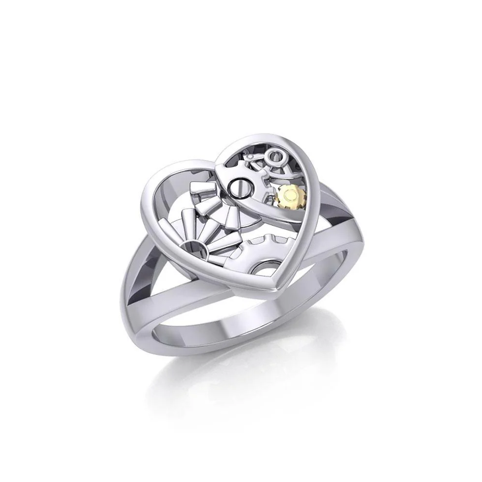 Sterling silver heart ring with intricate steampunk gears and gold accent.