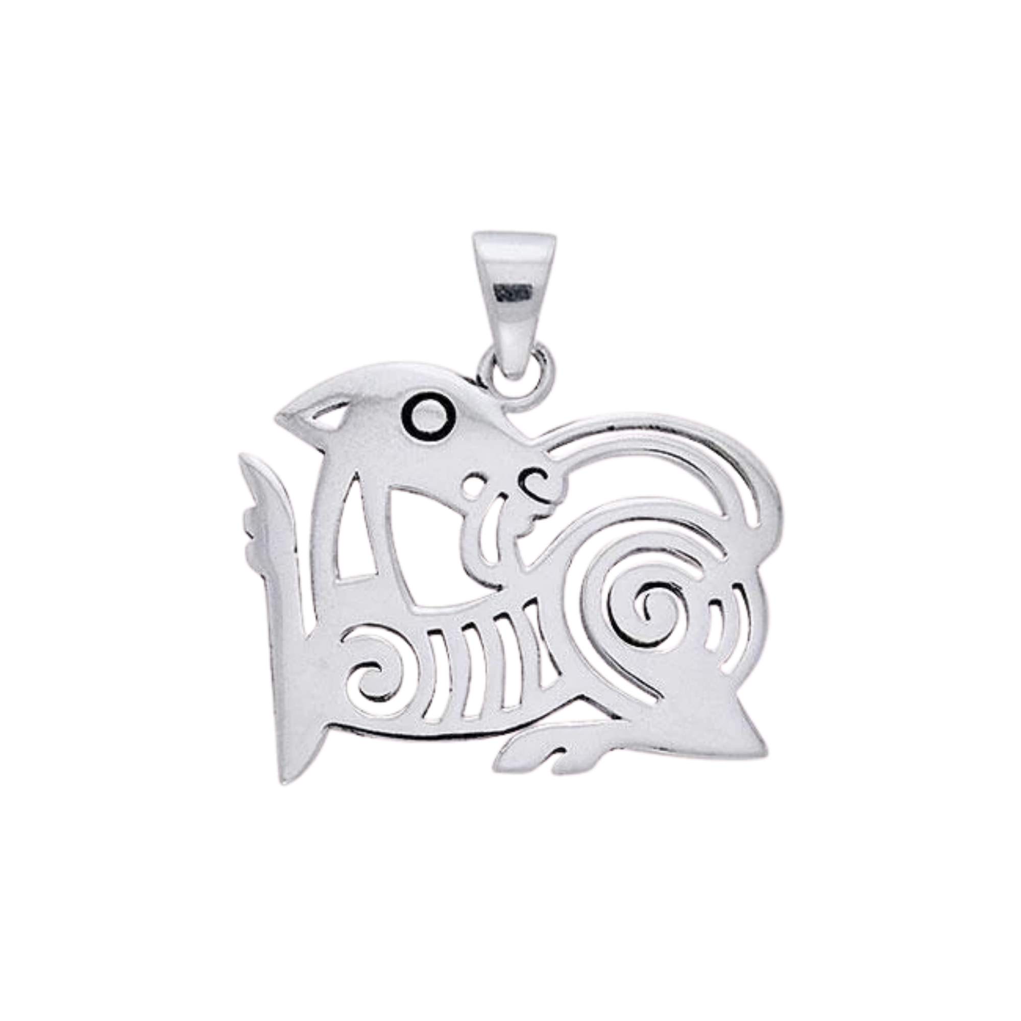 Polished sterling silver pendant, stylized mythical creature, black background.