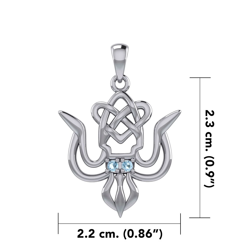 Thumbnail: Silver Celtic knot pendant, blue gems, dimensions 2.3 cm. (0.9") 2.2 cm. (0.86")