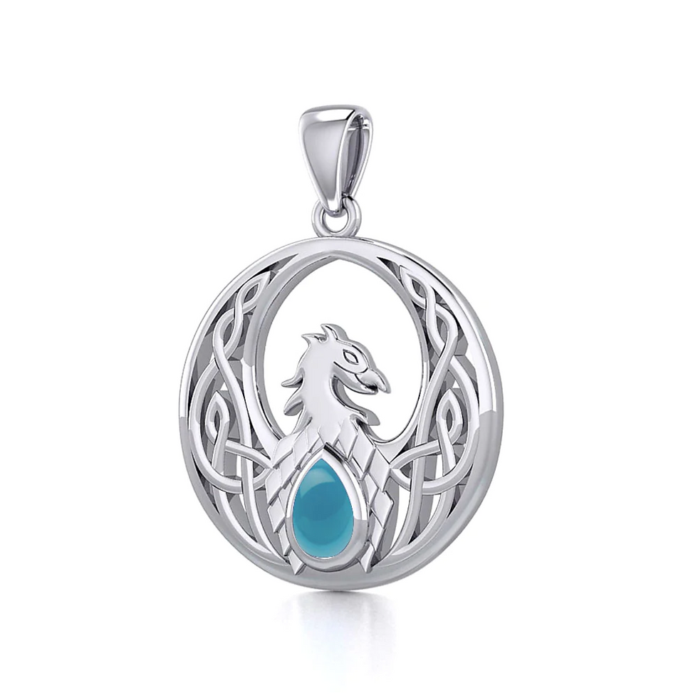 Thumbnail: Celtic Phoenix sterling silver pendant featuring an intricate knot and blue gemstone.