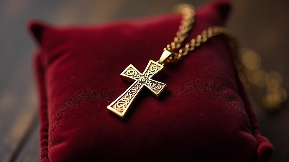 Eye-level view of a gold Celtic cross pendant displayed on a velvet cushion