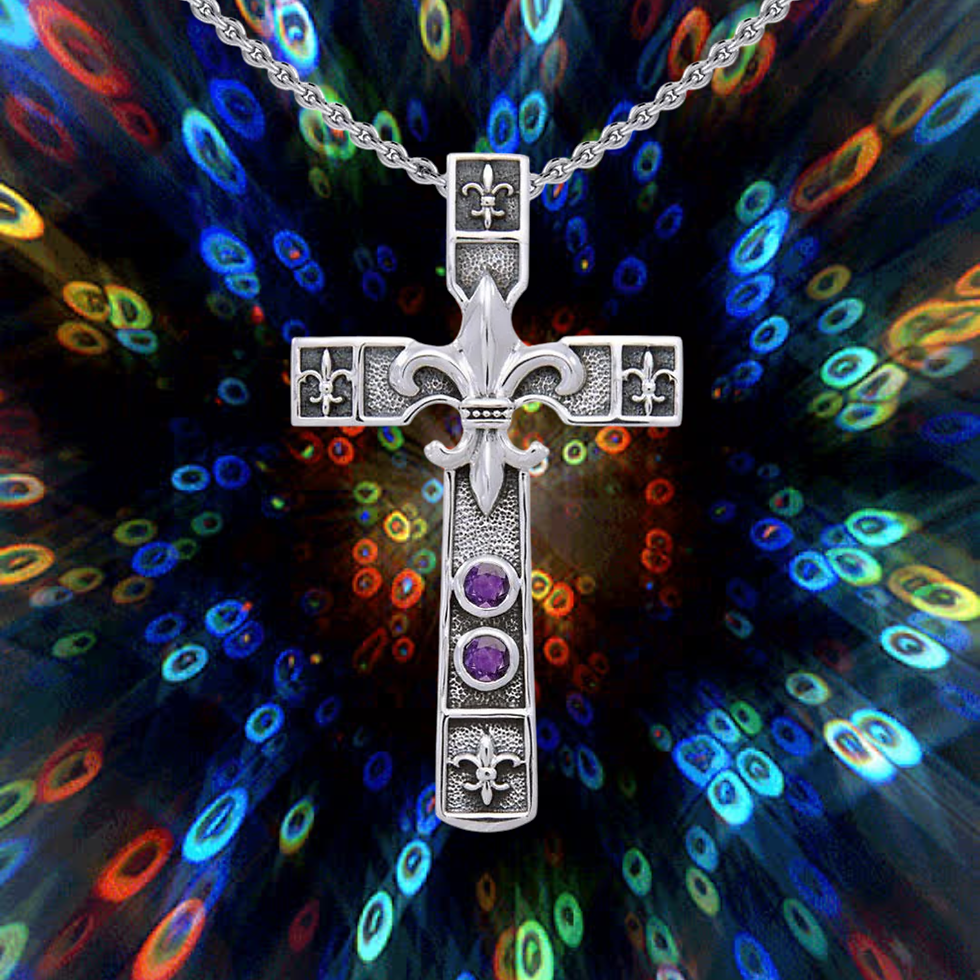 Thumbnail: Ornate silver cross pendant with purple oval gems, glowing abstract background.